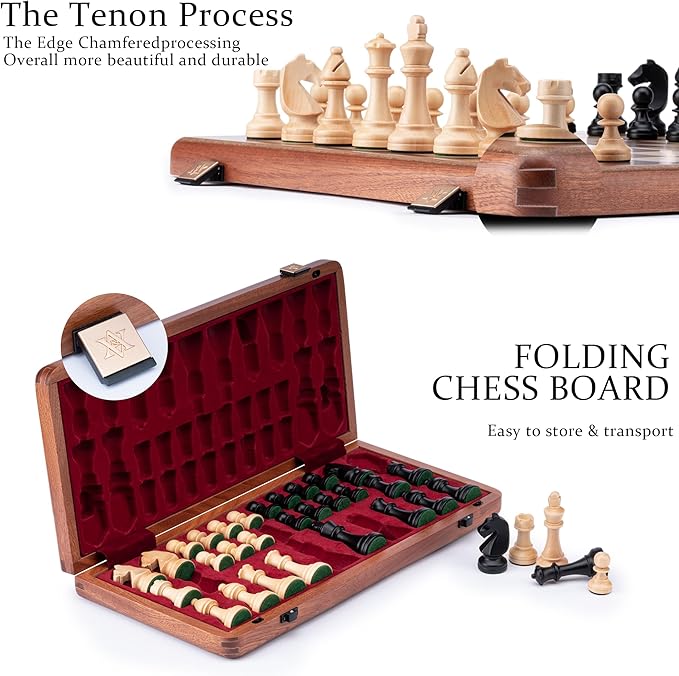 A&ampA Premium Folding Chess Board Game Set 15 Wooden Chess Board &amp 3 King Height Staunton Chess Pieces with 2 Extra Queens Portable Travel Chess Set (Natural Mahogany 15 Inches)