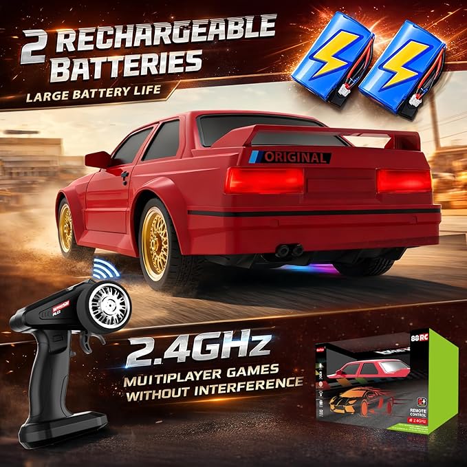RC Drift Car 2.4GHz 1:16 Scale 4WD 30KM/H High Speed Remote Control Cars Vehicle with LED Lights 2Pcs Rechargeable Batteries Drifting Tires Racing Sport Toy Cars for Adults Boys Girls Kids Gift