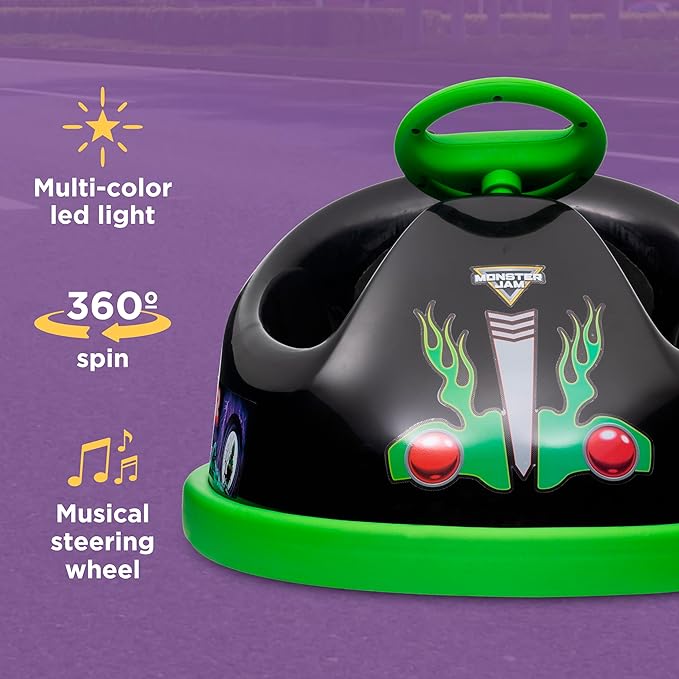 Monster Jam Bumper Car for Kids 2 Speed Electric Bumper Car Vehicle Toddler Bumper Car with Remote Control and 360 Degree Turning 6V Motor LED Lights Gifts for Toddlers