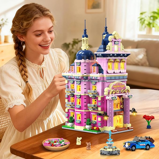 Pink Estate House Building Set with Lights 3 Style Pinkspire Construction Model with Car Fountain 1815 PCS Friends Villa Castle Building Block Kit Home Decor Gift for Adults Boys Girls 8-12+