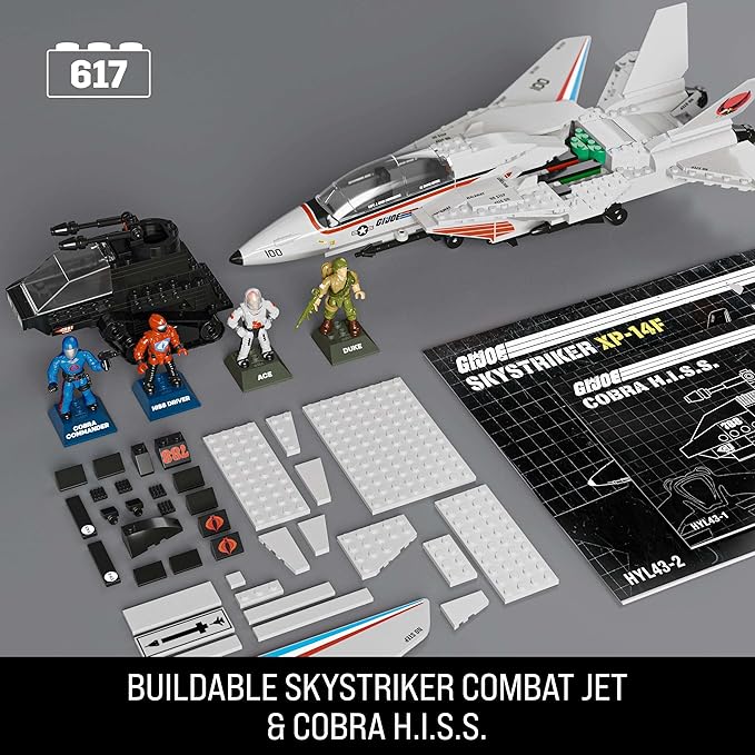MEGA G.I. Joe Action Figures Building Toys Skystriker XP-14F vs. Cobra H.I.S.S. with 617 Pieces 4 Poseable Characters for Collectors
