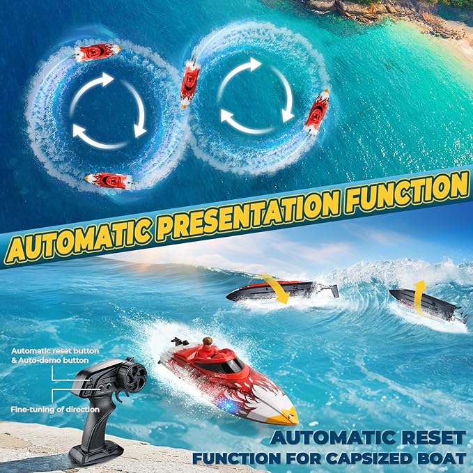 25KMH RC Remote Control Boat with LED Lights Self-Righting Low Battery Alert 2.4GHz with 800 mAh Lithium battery Waterproof Electric Fast Speed Boat for Pool &amp Lake Toy for Boys Girls Red