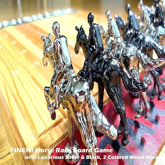 Horse Racing Game for Adults Horse Race Board Game with 11 Luxurious Metal Horses (Silver Black) 22” Pine Wood Horse Race Game Board Dice &amp Card Included (Log Color2)