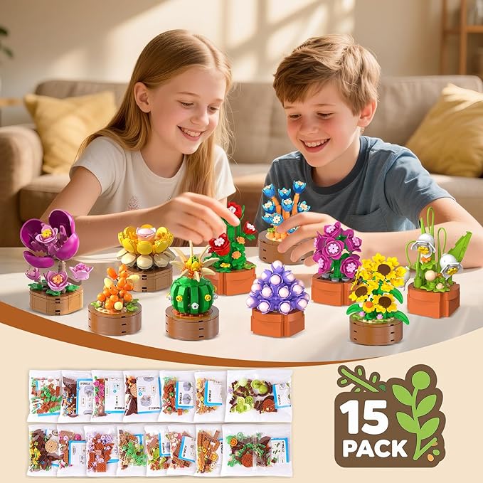 HOGOKIDS 15 Pack Flowers Succulents Mini Building Set for Adults Kids - 1314PCS Flower Plant Botanical Collection 3.6MM Bricks Toys Home Office Décor Easter Gifts for Women Boys Girls Age 6+