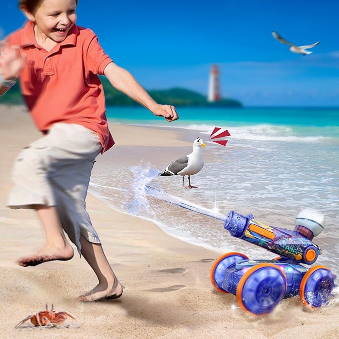 BEZGAR Pool Toys for Kids Amphibious Remote Control Car Toys for Ages 6-8 RC Stunt Car with Water Gun for Boys and Girls 8-12 Remote Control Boat with Light(Blue)