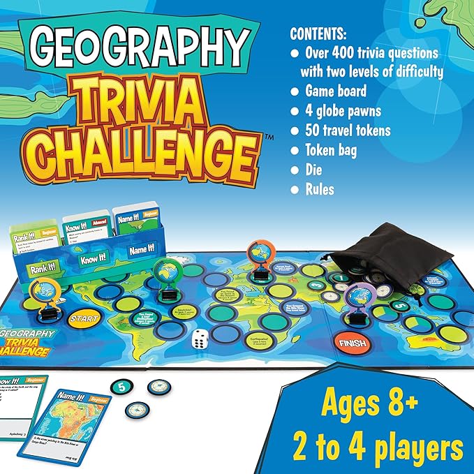 MindWare Geography Trivia Challenge - Board Game for Kids 8-12 and Up - Fun Trivia with 432 Double-Sided Question Cards - Educational Geography Game - Ages 8 and Up