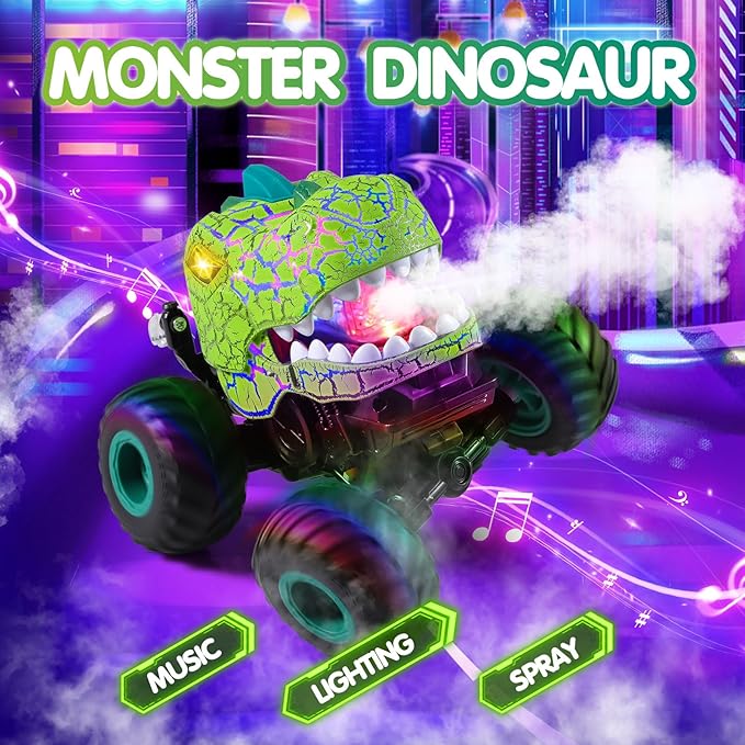 DYODYORC Remote Control Car 2.4Ghz All Terrain Dinosaur Monster Truck Toys RC Truck with Spay Music 3 Lighting Effects Stunt Capable Toy Gifts for Boys and Girls (Green)