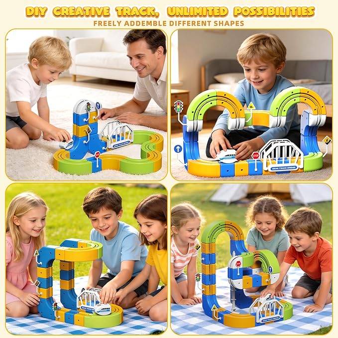 Electric Train Set Flexible Racetrack for Kids 3-8 124PCS(36Track +1 Train) Train Track Gravity-Defying Race Track 3D Embedded Layouts STEM Educational Building Toy Gifts for Boys Girls
