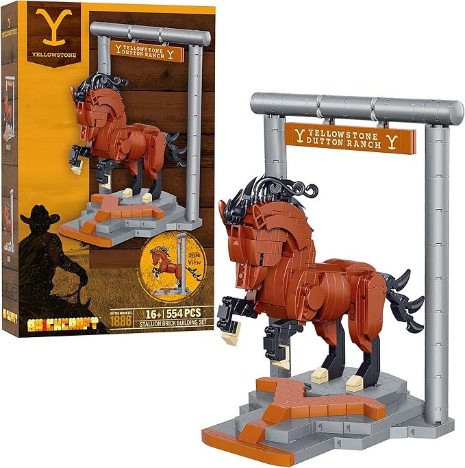 Brickcraft Officially Licensed Yellowstone TV Show Dutton Ranch Stallion Horse on a Horse Stable Stand 554 Pieces Multicolored Brick Building Set