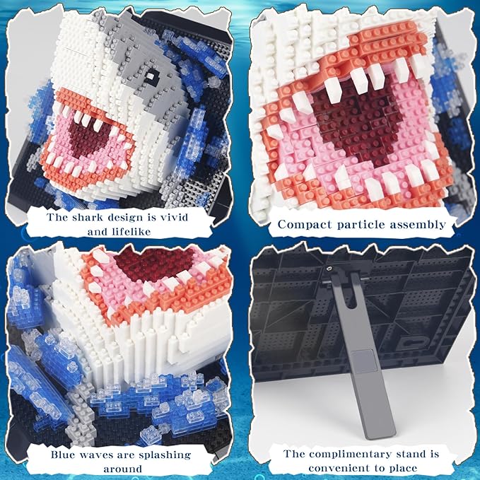 1800PCS Animal Shark 3D Wall Art Micro Mini Building Blocks Set not Compatible with Lego SizeUnique Home or Table Decor Painting with Specialized TweezersPresent DIY Shark Toy for 14+