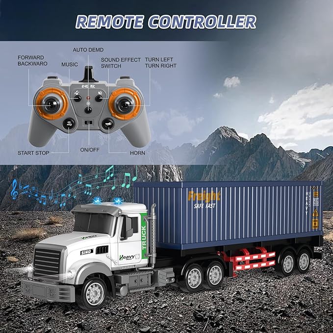 Mostop RC Semi Truck with Trailer - 23.6 Inch Large Remote Control Toy for Kids 3-8 2 Rechargeable Batteries 8 Mini Cars LED Lights &amp Sound 2.4GHz Semi-Trailer Truck Toys for Boys Girls