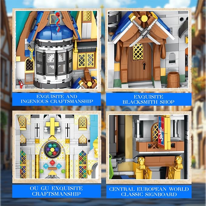 Reobrix Medieval Architecture Book Nook Building Set with Lights European Century Street View Bookshelf Insert Decor Bookshelf Diorama Building Blocks Kit DIY Miniature House Model Kit