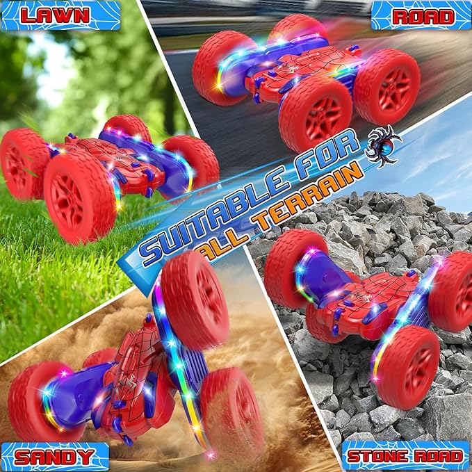 Spider RC Cars Toys for Boys 4-6 2.4GHz Remote Control Car with 26 LED Light System 360° Flips Changeable Wheels Rechargeable All-Terrain Truck Gift for Kids Ages 4-8