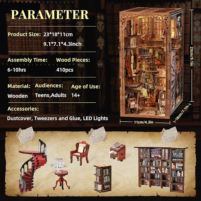 Book Nook Library Kit DIY Miniature Dollhouse Booknook Kit 3D Wooden Puzzle Bookend Bookshelf with LED Light for Adults Teens (Abbey Library)