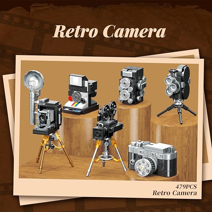 6 in 1 Vintage Camera Building Blocks Set Retro Film Camera Collection Compatible with Lego Camera Models Collectible Desk Decor Gift for Ages 8+