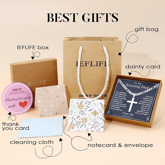 IEFLIFE Easter Basket Stuffers - Cross Necklace Easter Gifts for Men Boys Silver Figaro Chain Cross Necklace Jewelry Christian Baptism Gifts for Boys Birthday Gift for Dad Husband Son Grandson