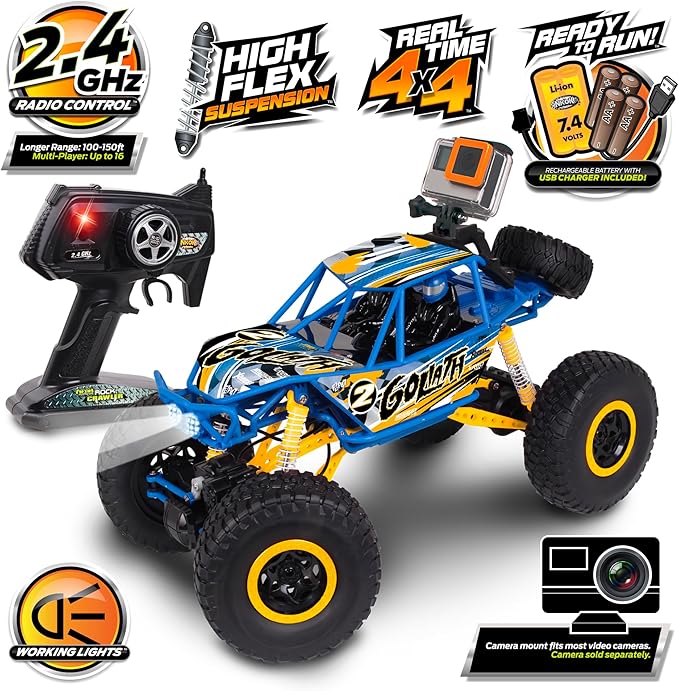 NKOK Mean Machines 1:10 2.4GHz RC 4x4 Xtreme RC Goliath Off-Road Truck RTR Designed for Rough Terrain Climbing Pistol Grip Full Function Controller Powerful Motor Action Camera Mount