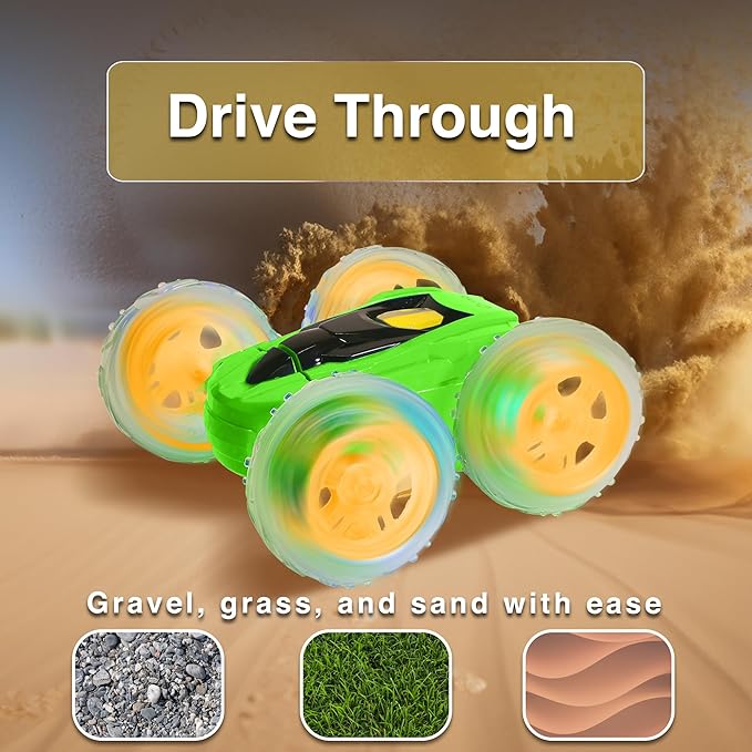 Contixo SC3A Toy Remote Control Car for Kids with Double-Sided 360° Rotating Stunt 4WD Off-Road RC Cars with LED Lights Birthday for Boys and Girls Ages 4 5 6 7 - Green
