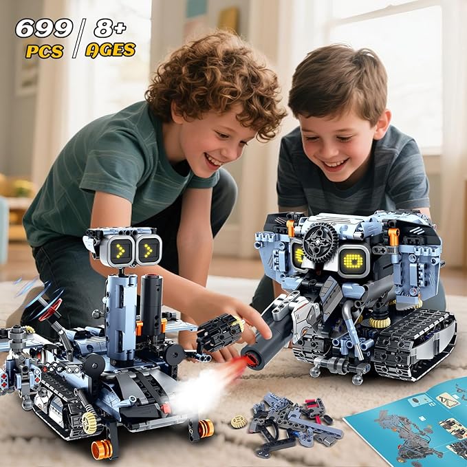 Changeable LED Eyes Robot Building Set- 5 in 1 Remote &amp App-Controlled Robotic Building Block RC Elephant/Bulldozer/Tank/Tracked Model Kit Toys Gift for Kids Boys Girls Teens Age 12+ Years Old