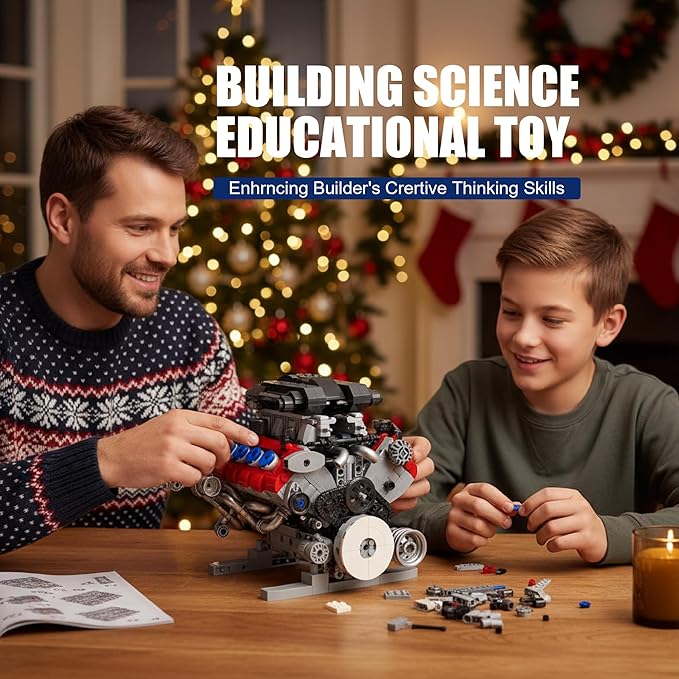 V8 Engine Building Set for Adults Build Your Own MOC Mini V8 Engine STEM Model Toy with Motor Model kit That Run Car Engine Building Blocks for Teens &amp Kids Boys (1189PCS)