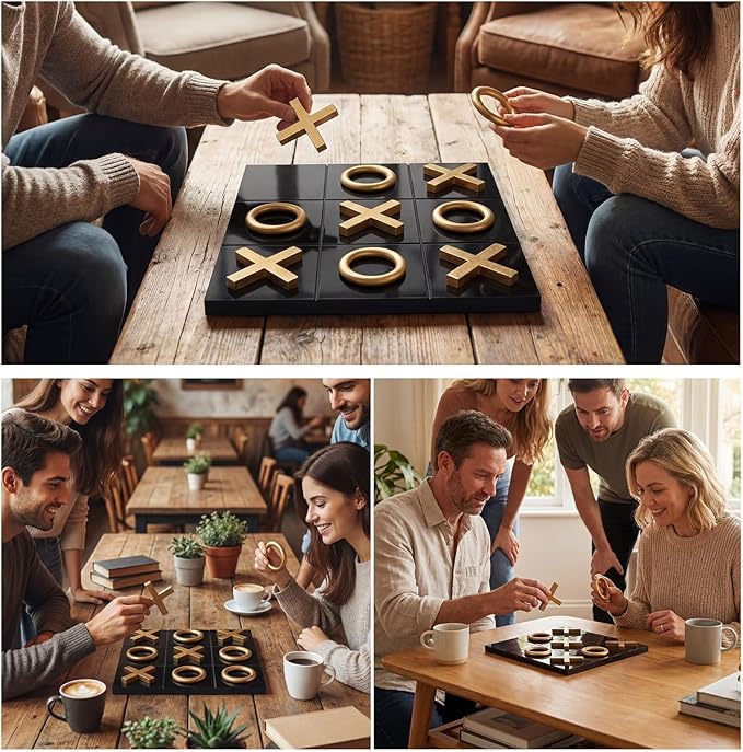 11.8x11.8 Inch Tic Tac Toe Wood Game Board Coffee Table Decor Modern Wooden for Board Table Top Living Room Decor Fun Family Party Adults Travel Ages15+ (Black Gold)