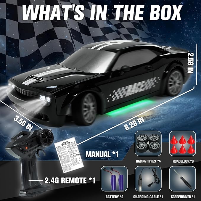 SANCO 1:20 RC Drift Car - 2.4G Drifting Car with Dual Tire System &amp LED Lights 20+KM/H 50-Minute Playtime Racing Toy Remote Control for Adults Boys Girls 2pcs Rechargeable Batteries （Black）