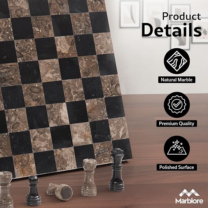 Marble Chess Set 10 Inch Oceanic &amp Black Travel Chess Board with 32 Pieces &amp 2 Extra Queens Luxury Decorative Stone Chess Game for Adults Ideal Gift for Women's Day