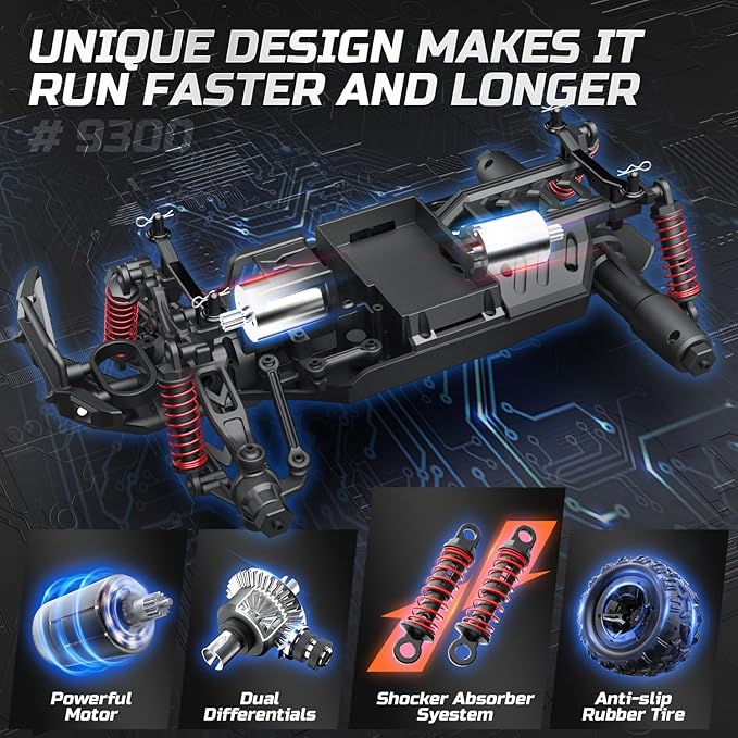 DEERC 9300E Remote Control Car High Speed RC Cars for Kids Adults 1:16 Scale 40 KM/H 4WD Off Road Monster Trucks2.4GHz All Terrain Toy Trucks with 2 Rechargeable Battery