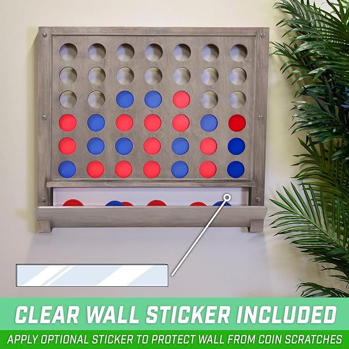 GoSports Wall Mounted Giant 4 in a Row - Jumbo Four in a Row with Coins - Gray Stain