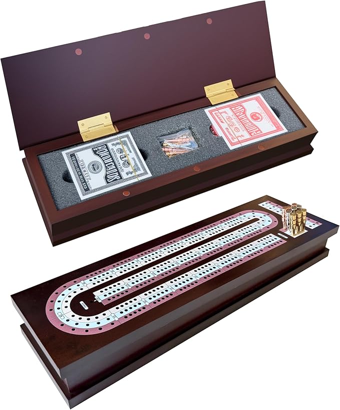 Wooden Cribbage Board Game Set with Cards &amp Metal Pegs – Foldable 3 Track Cribbage Board with Magnetic Lock Large Storage Area – Travel Portable Cribbage Game for Adults &amp Family
