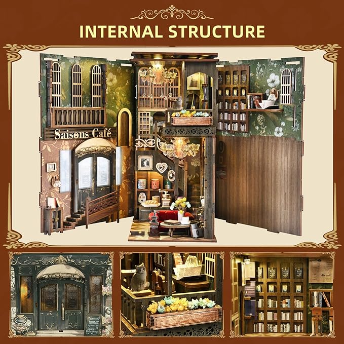 Book Nook Kits for Adults and Teens DIY Miniature Dollhouse Kit 3D Wooden Puzzle Booknook Bookend with LED Light Gifts for Family Friends (Saison Café)