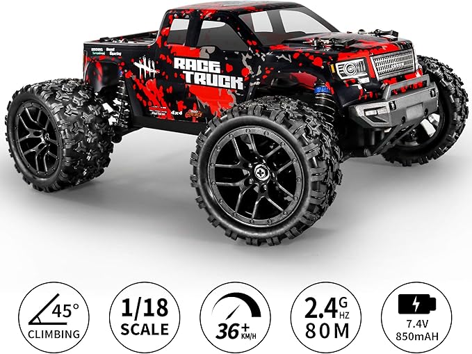 HAIBOXING 1:18 Scale All Terrain RC Car 36KM/H High Speed 4WD Electric Vehicle2.4 GHz Radio Controller Included 2 Batteries and A ChargerWaterproof Off-Road Truck (Red)