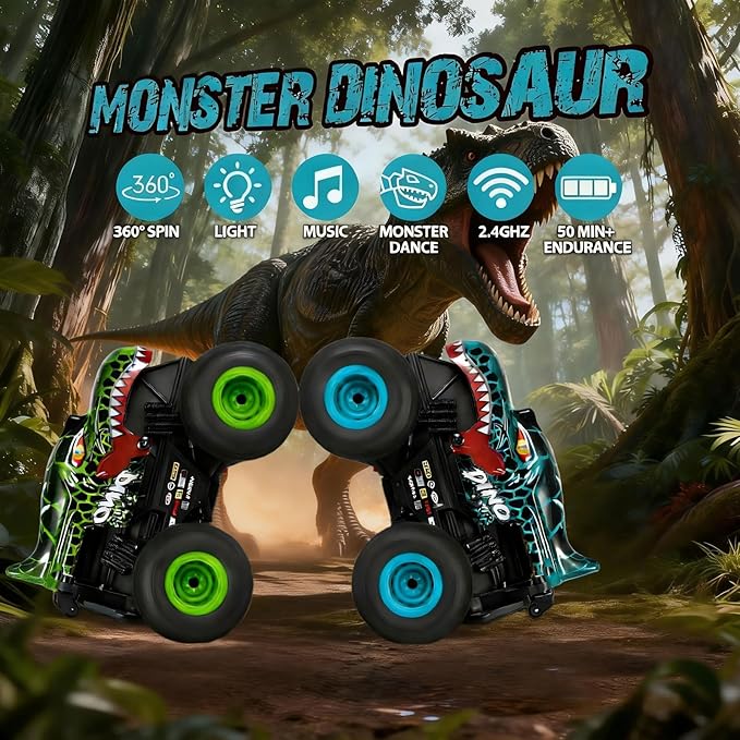 DYODYORC Remote Control Car 2.4Ghz All Terrain Dinosaur Monster Truck Toys RC Truck with Music 3 Lighting Effects 360 Stunt Capable 2 Batteries Ready to Run Toy Gifts for Boys and Girls (Cyan)