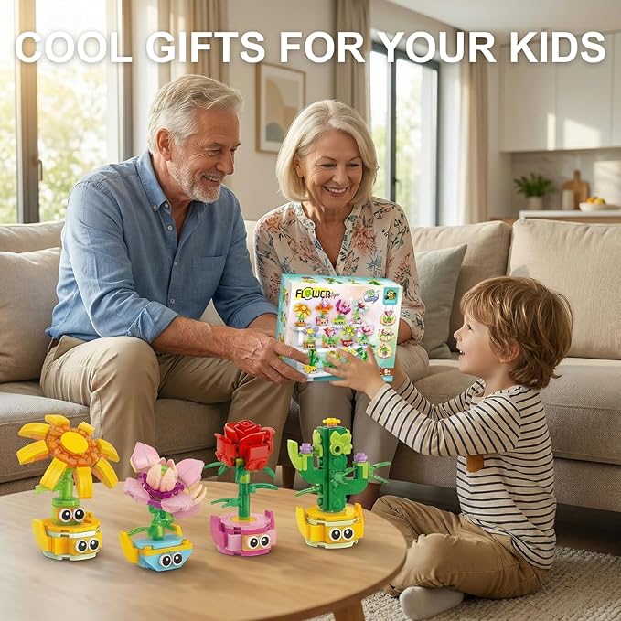12-in-1 Flower Building Set Botanical Collection Floral Decor Kit Creative STEM Toy Christmas Birthday Easter Gift for Kids Girls Boys 6+ Years Old