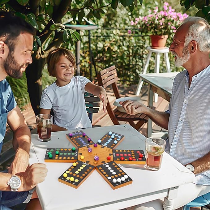 Marble Board Game Wooden Board Game for 4 and 6 Players Portable Original Marble Game with 24 Marbles 12 Dice for Family Friends Party Game Night Black