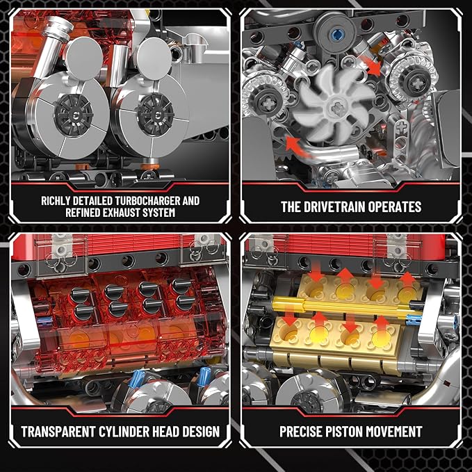 Mould King W16 Engine Building Blocks Set 10163 Combustion Engine Model That Runs Mini Engine Build Kit for Adults with Battery and Motor Engineering Construction STEM Toy (952 Pcs)