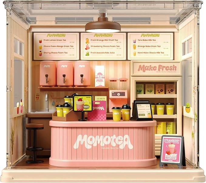 Milk Tea Shop DIY Miniature House Building Toy Dollhouse Set with LED Creator Playset Suitable for Mini Figures Construction Toys Diorama Kit Gifts for Adults