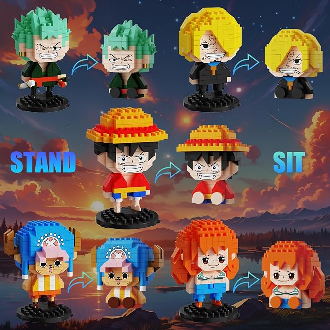 5 Pirate Figures Brick Mini Headz Building Toy 5 Cute Main Straw Hat Crew Pirate Figures Characters Merch Piece One Micro Blocks Set Ideal Valentine's Day Gift for Fans Adult Teen 14+ (1025PCS)