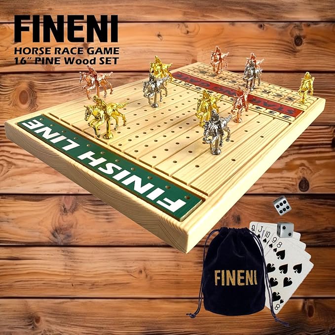 Racing Game for Adults With 11 Luxurious Metal Horses (Silver Black Rose Gold) 16 Pine Wood Race Game Board Dice &amp Card Included (Log Color)