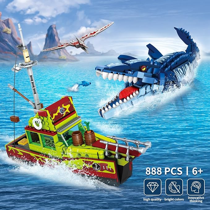 3 in 1 Sea Dinosaur Building Blocks Kit Set Compatible with Lego Dinosaur World Park Mosasaurus Discovery Crossing Ocean World Building Set Boat STEM Toys Gift for Kids and Adults for Boys Age 8-12