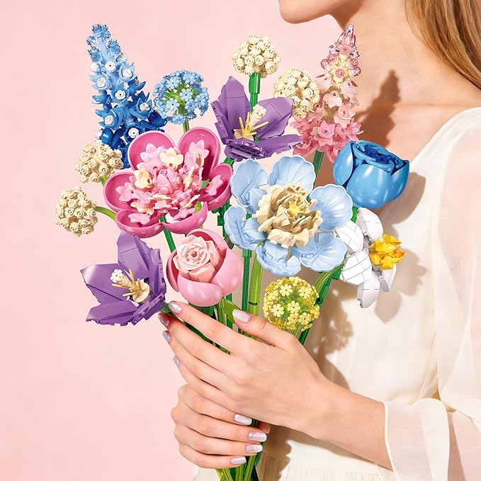 Spring Flowers Bouquet Building Set Botanicals Collection Artificial Flower Rose Peony Narcissus Balloon Flowers Flower Arrangement Art Home Decor Gift for Girls Women