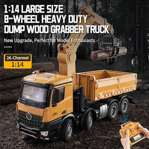 20-Inch 3 in 1 Remote Control Dump Truck Wood Grabber 26-Channels 1/14 Scale 6.6LBS Load Capacity RC Heavy Duty Metal Construction Vehicles Toy for 14y+ Beginners (8 Wheels)