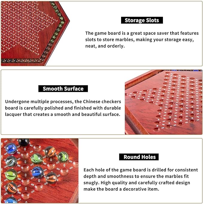 AMEROUS 13.6 inches Wooden Chinese Checkers Board Game Set with 60 Colorful Glass Marbles Classic Strategy Game for Kids Adults Whole Family Play (Up to Six Players)