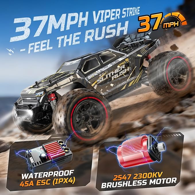 DEERC 209E 1:10 Fast Brushless RC Car for Adults &amp Boys 60+ KMH High Speed 4WD Off-Road Remote Control Truck with 2 x 3S Batteries &amp Extra Swing Arms Hobby Grade Racing Car RC Crawler Gift