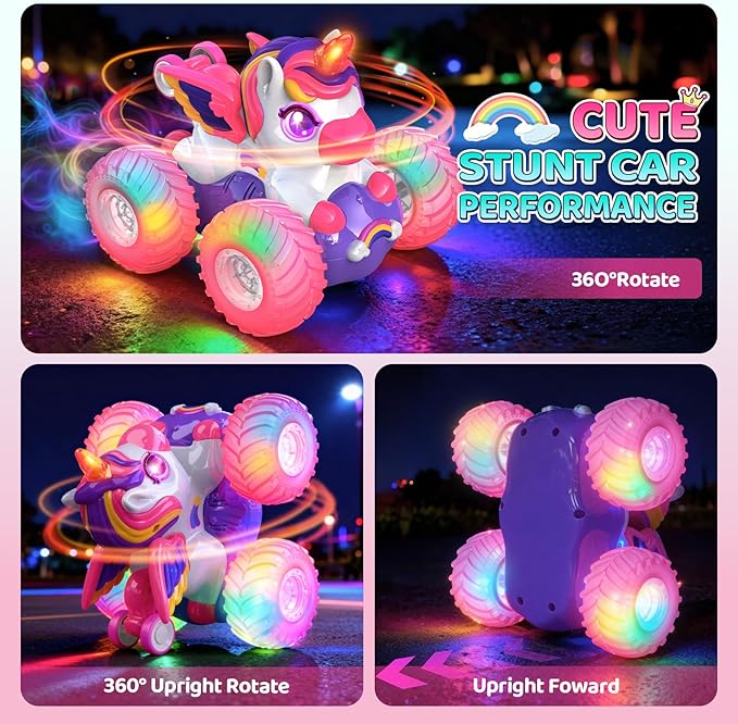 Unicorn Remote Control Car for Girls360° Rotating 4WD Stunt RC Cars with LightsPink Car Toys for KidsFun Indoor/Outdoor Toys Ideal Chritmas Birthday Gift for 3 4 5 6 7 8 Year Old Girl