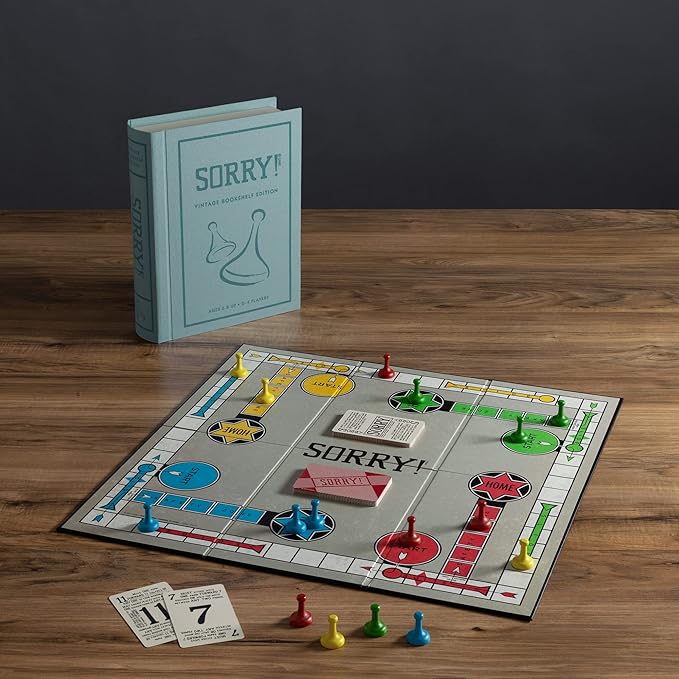 Sorry! Vintage Bookshelf Edition by WS Game Company - Classic Sorry Board Games Retro 1958 Design - Linen-Wrapped Book Case Wooden Pawns &amp Full-Size Folding Board Ages 6+ Suitable for 2-4 Playe