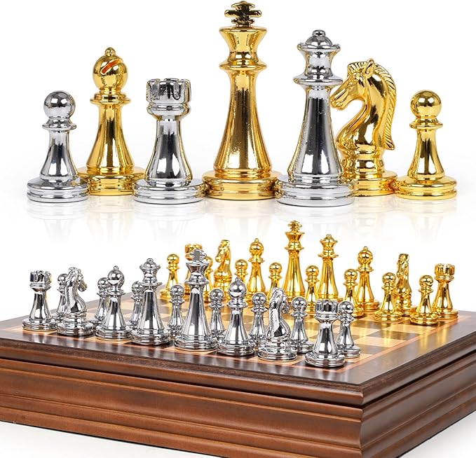 12-Inch Metal Chess Set with Wooden Board for Kids and Adults Gold &amp Silver Chess Pieces with Extra Queens Portable Small Chess Board for Travel Family Game Night Beginners &amp Professional