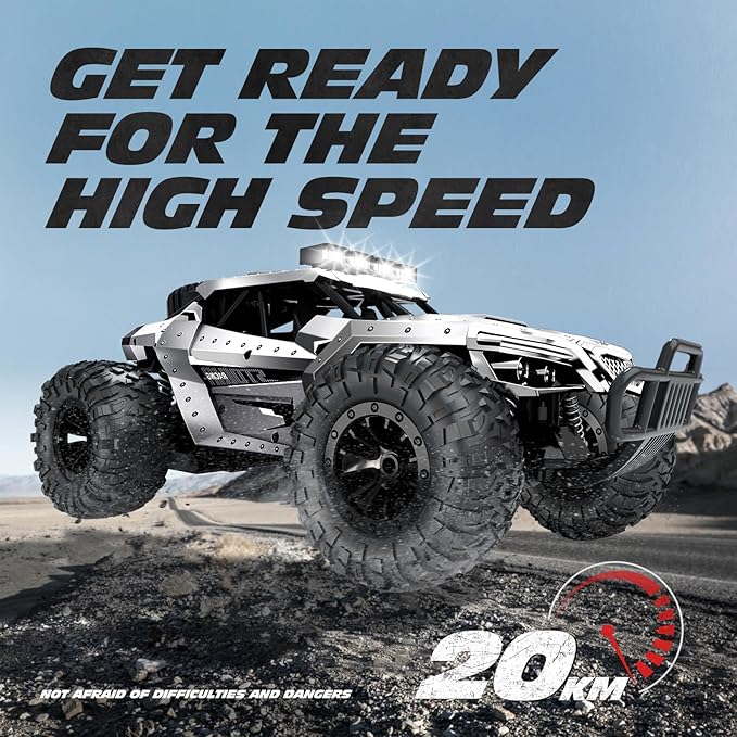 Tecnock RC Car 1/16 Scale Remote Control Car for Boys High Speed 20 Km/h All Terrains Rc Monster Truck with Two Rechargeable Batteries &amp Head Chassis Lights Gift Toy for Kids Adults Silver