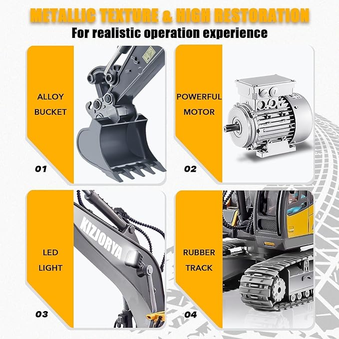 Remote Control Excavator Toys for Boys Age 6-12 Rechargeable 11 CH RC Construction Vehicles Truck with Sound Light Metal Shovel Birthday for Kids 7 8 9 10+ Year Old(2.4 GHz)