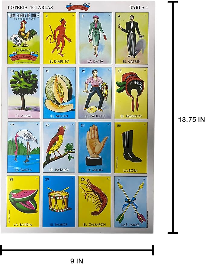 Loteria Mexicana Tradicional Jumbo Don Clemente para 10 Jugadores con 100 Monedas - Jumbo Size Mexican Bingo Set with 100 Counting Chips Plastic Coins for 10 Players with Deck of Cards and Boards